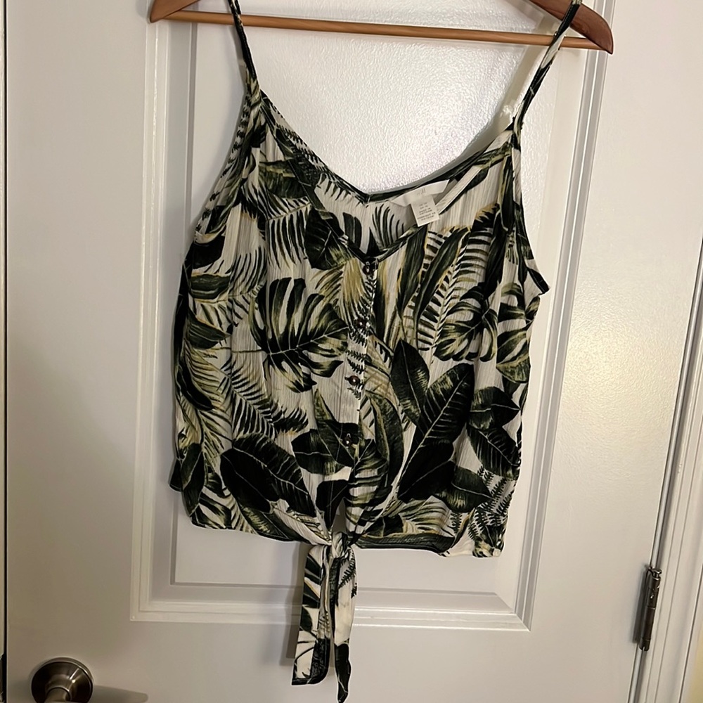White and green Amazon jungle leaves tank top w front tie